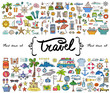 Vector set with hand drawn colored doodles on the  theme of travel, tourism. Sketches for use in design