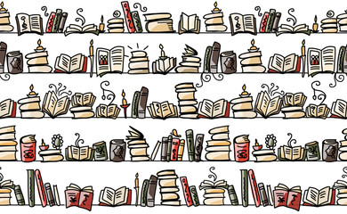 Poster - Seamless pattern with books on bookshelves, sketch design