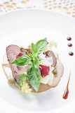 Fototapeta Mapy - Beef with mushrooms with demi-glace sauce served on a white plate