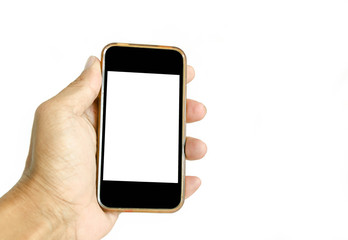  Hand holding smart phone with blank screen on white background.