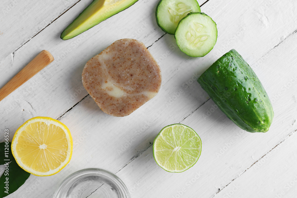 Products for a relaxing avocado spa treatment, top view