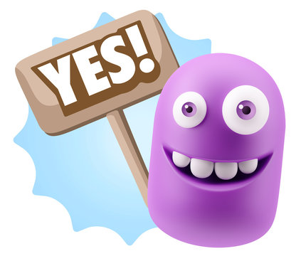 3d Rendering Smile Character Emoticon Expression saying Yes with