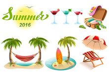 Summer 2016 Lettering Text. Set Of Objects Symbol Of Summer Vacation