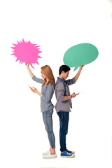Wall Mural - Couple with speech bubbles and gadgets