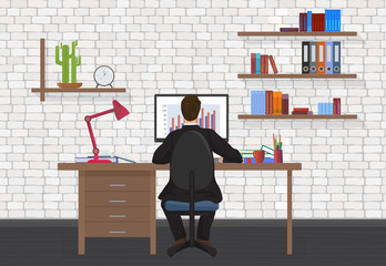 Poster - Back view of Business Man working on desktop computer in the modern office.