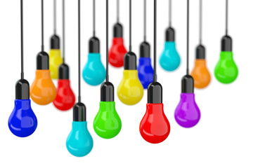 Aufkleber - Ideas Concept. Many colourful Light Bulbs. 3d Rendering