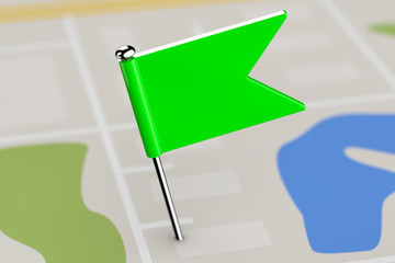 Fototapete - Green Pointer Flag on Map Background. 3d Rendering