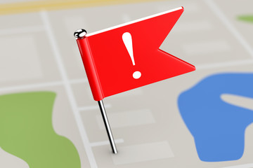 Fototapete - Red Flag with Exclamation Mark on Map Background. 3d Rendering