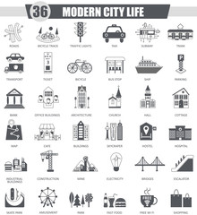 Poster - Vector Modern city black icon set. Dark grey classic icon design for web.