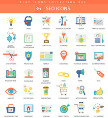 Poster - Vector SEO and development color flat icon set. Elegant style design.