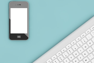 Poster - Office Table with Computer Keyboard and Mobile Phone. 3d Renderi