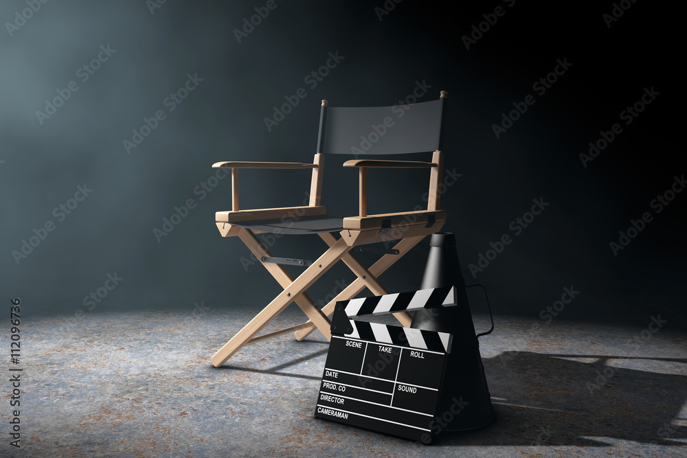 Director Chair, Movie Clapper and Megaphone in the volumetric li - obrazy, fototapety, plakaty 
