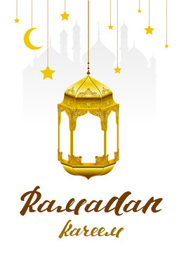 Ramadan Kareem. Lettering text for greeting card. Ramadan kareem lamp