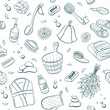 Sauna seamless pattern from sauna accessories sketches. Hand drawn spa items background. Doodle sauna objects isolated on white background. 