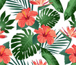 Tropical flowers and leaves on background. Seamless. Vector.