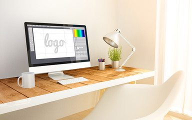 Fototapete - minimalist workplace with graphic design computer