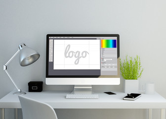Fototapete - modern clean workspace with graphic design software on screen