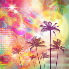 Wall Mural - Exotic tropical palm trees  with fantasy sunset background 