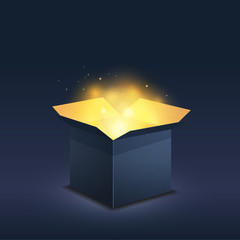 blue box with magic golden light on dark