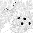 Zentangle stylized cartoon flying ladybugs and daisy flowers. Hand drawn sketch for adult antistress coloring page, T-shirt emblem, logo or tattoo with doodle, zentangle, floral design elements.
