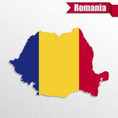Aufkleber - Romania map with flag inside and ribbon