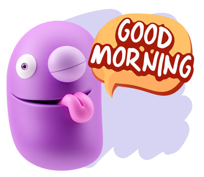 3d Rendering Smile Character Emoticon Expression saying Good Mor