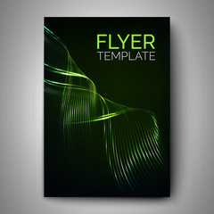 Wall Mural - Vector flyer design. Glossy lines wave on dark background. Template for brochure, poster, banner, card or other design.