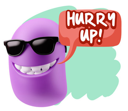 3d Rendering Smile Character Emoticon Expression saying Hurry Up