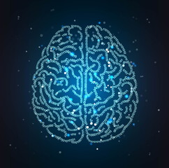 Concept illustration of a human brain formed out of binary code digits. Shiny artificial intelligence space hi-tech and IT themed background.