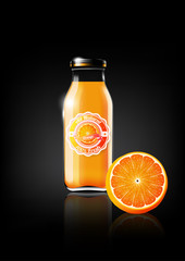 Orange juice in a glass bottle for design advertisement and vintage logo, fruit, transparent, Vector