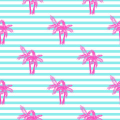 Wall Mural - Palm trees seamless vector pattern. Tropical beach summer pink palms pattern on blue stripes for textile fabric, cards background and scrapbooking.