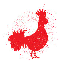 Rooster Red Label. Vintage Style Cock  On Hand Drawn Sunburst Background. Zodiac Symbol For Chinese New Year 2017. Hair Texture On The Edge Of The Rooster With Splash Of Ink. Grunge.