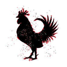 Chinese 2017 New Year Of The Rooster Symbol. Red And Black Paint Color Brush Roosters Silhouette. Imitation Of Hand Drawing Or Painting Of Rooster With Chinese Calligraphy Inksticks Or India Ink. 