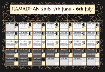 Ramadan calendar 2016, 7th June. Choice: 3rd of 3. Includes: fasting tick calendar, moon cycle-phases-, Ramadan quotes. 30 days of Ramadan on black background with Islamic pattern. Vector illustration