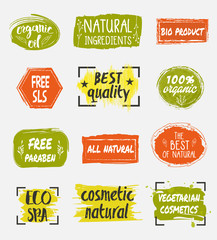 Canvas Print - Natural organic cosmetic product labels set. Eco spa icon. Vegetarian cosmetics tag. Free sls.