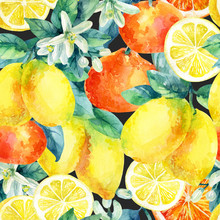 Watercolor Mandarine Orange And Lemon Fruit Branch With Leaves Seamless Pattern