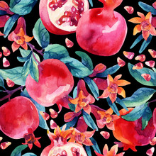 Watercolor Pomegranate Bloom Branches And Fruit Seamless Pattern