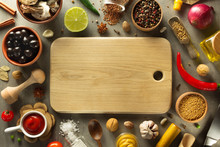 Herbs And Spices On Wood Background