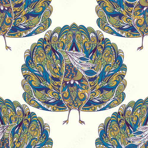 Stoffe zum Nähen Seamless pattern with peacock. Vintage fantasy bird with floral ornament. Colorful hand drawn vector illustration.