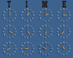 Canvas Print - vector set of clocks with shadow on blue background