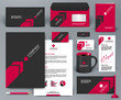 Professional universal branding design kit with red arrow on black background. Corporate identity template.  Business stationery mockup with badge, folder, cup,  pennant, letter.