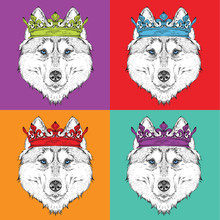 Image Portrait Of Husky With The Crown. Pop Art Style Vector Illustration.