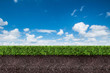 green grass with soil on blue sky.