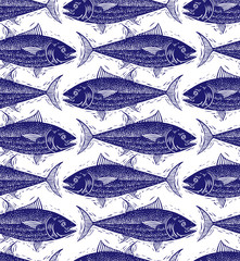  Seamless sea vector pattern, different fish silhouettes. Hand dr