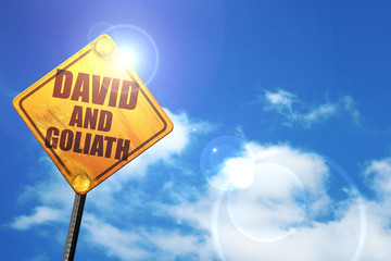 Wall Mural - david and goliath, 3D rendering, glowing yellow traffic sign