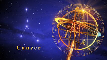 Wall Mural - armillary sphere and constellation cancer over blue background