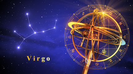 armillary sphere and constellation virgo over blue background