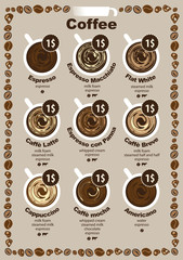 coffee menu card for different types of coffee price