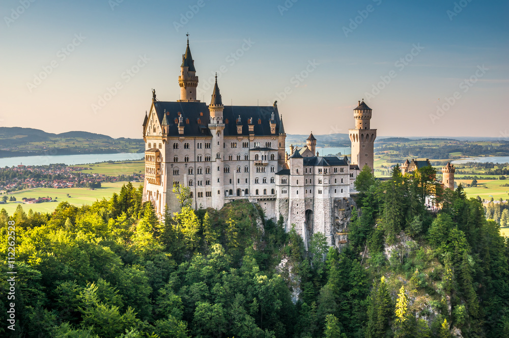 Famous Neuschwanstein Castle with scenic mountain landscape near Füssen, Bavaria, Germany - obrazy, fototapety, plakaty 