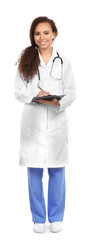 Poster - Beautiful African American female doctor on white background